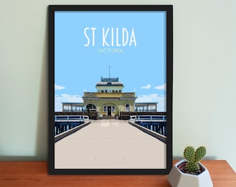 Reisposter St Kilda - Retro vintage stijl Australië kunstprint, artwork, huishoudartikelen, Melbourne Victoria reiskunstprint