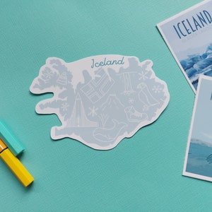 Iceland Sticker Waterproof Iceland map sticker country outline with icons from Iceland including waterfall, volcano, puffin and more image 3