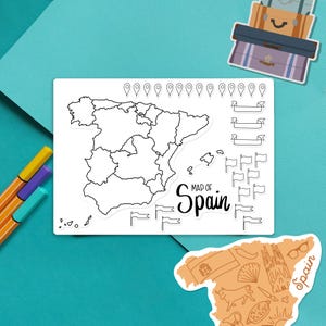 Spain Map Outline Sticker -  Colour-in map, travel scrapbook sticker, journal map stickers, paper map stickers, color-in Spanish Regions