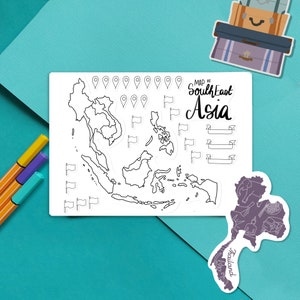 Südostasien Umriss Aufkleber - Ausmalen Karte, Reise-Sticker, Scrapbook Sticker, Landkarte zum Ausmalen