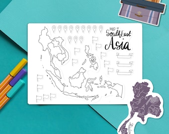 South East Asia Map Outline Sticker -  Colour-in map, travel scrapbook sticker, journal map stickers, paper map stickers, color-in