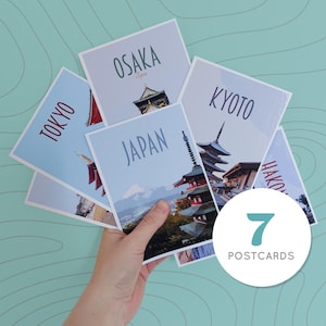 Japan Travel Postcards Pack - 7 postcards - Retro vintage style - cities postcard pack. Japan, Tokyo, Kyoto, Hakone, Osaka, Nara prints.