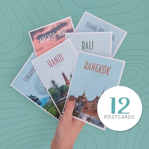 Südostasien Reisepostkarten - Drucke im Retro Vintage-Stil. Bangkok, Singapur, Hanoi, Laos, Angkor Wat, Bali, Philippinen und mehr