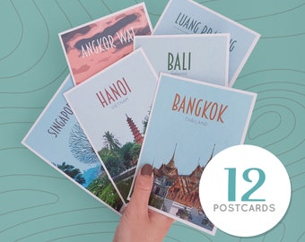 South East Asia Travel Postcards Pack - Retro vintage style prints. Bangkok, Singapore, Hanoi, Laos, Angkor Wat, Bali, Philippines and more