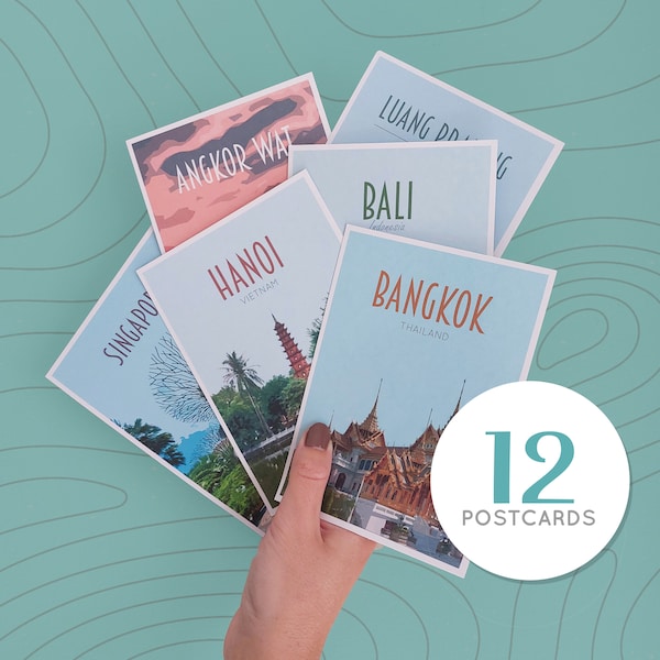 Pack de cartes postales de voyage en Asie du Sud-Est - Impressions de style rétro vintage. Bangkok, Singapour, Hanoï, Laos, Angkor Vat, Bali, Philippines et plus