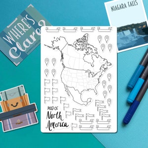 North America Map Outline Sticker Colour-in map, travel scrapbook sticker, journal map stickers, color-in states, USA, Canada, Mexico imagem 1