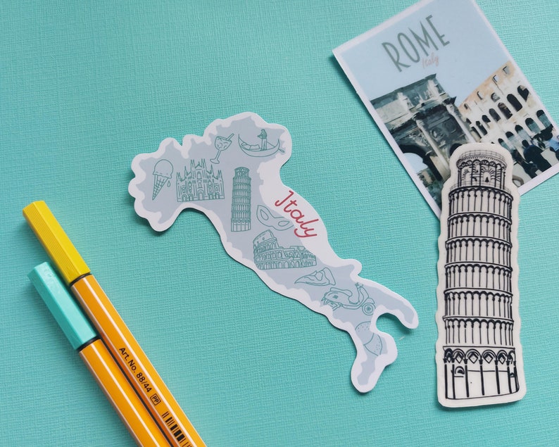 Italy Sticker Waterproof Italy map sticker country outline with icons from Italy including leaning tower of Pisa, Colosseum and more image 3