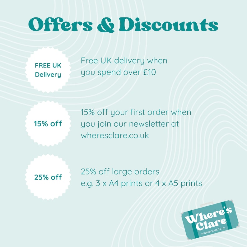 Op de afbeelding: Een teal en witte grafiek met de tekst "Offers & Discounts" en drie aanbiedingen: Gratis verzending naar het VK wanneer je meer dan &pound; 10 uitgeeft, 15% korting op je eerste bestelling wanneer je je aanmeldt voor onze nieuwsbrief op wheresclare.co.uk, en 25% korting op grote bestellingen, bijvoorbeeld 3 x A4-afdrukken of 4 x A5-afdrukken. De grafiek bevat ook een teal-logo met de tekst "Where's Clare" en het websiteadres wheresclare.co.uk.