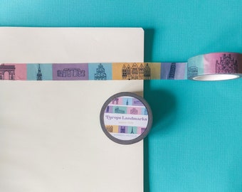 Europe Landmarks Washi Tape, 10 metres, Pastel Washitape, travel themed tape, patterned masking tape, mini tape roll, scrapbook tape