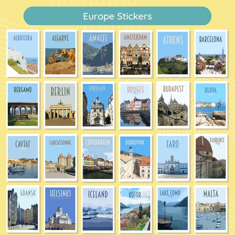 Reisstickerspakket Retro vintage stijl waterdichte stickers. Athene, Newcastle, IJsland, Edinburgh, Brugge, Malta, Lake Louise meer afbeelding 5