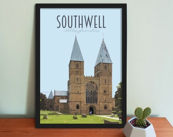 Southwell Travel Poster - Retro vintage style UK art print, artwork, homeware, Nottingham Postcard, featuring Southwell Minster