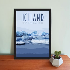 Poster de voyage en Islande - Impression d'art sur la lagune islandaise de style rétro vintage, oeuvre d'art, articles de maison, carte postale d'Islande, lagune glaciaire