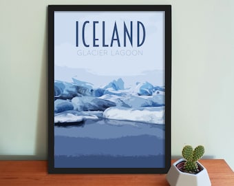 Iceland Travel Poster - Retro vintage style Iceland lagoon art print, artwork, homeware, Iceland postcard, Glacier lagoon