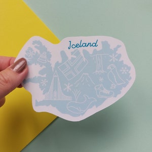 Iceland Sticker Waterproof Iceland map sticker country outline with icons from Iceland including waterfall, volcano, puffin and more image 1