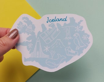 Iceland Sticker -  Waterproof Iceland map sticker -  country outline with icons from Iceland including waterfall, volcano, puffin and more