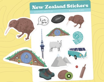 New Zealand Sticker Sheet, vinyl stickers. Travel stickers for journals, scrapbooking stickers, Auckland, Mount Cook, Kiwi, Aotearoa