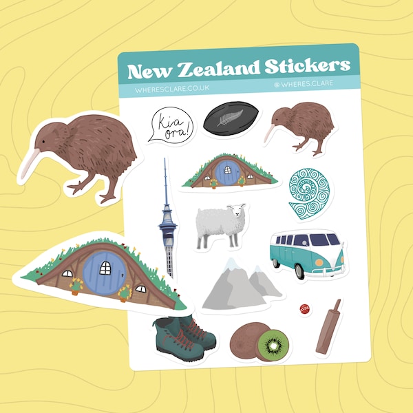 New Zealand Sticker Sheet, vinyl stickers. Travel stickers for journals, scrapbooking stickers, Sydney, Uluru, Kangaroo, Koala