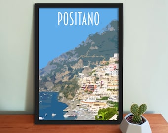 Positano Italy Travel Poster – Retro Amalfi Coast Art Print