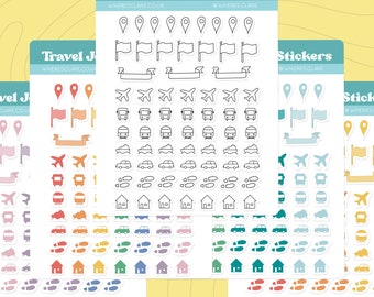 Travel Journal Sticker Sheet with pins, flags, ribbons stickers plus mini plane, train, house, transport stickers. Multiple colour options