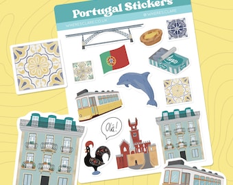 Portugal Sticker Sheet, glossy stickers. Travel stickers for journals, scrapbooking stickers, Lisbon, Portuguese tiles, flag and more