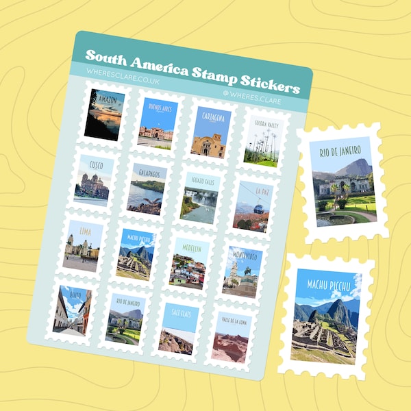 Südamerika Briefmarken Sticker Bogen mit Briefmarken aus Südamerika, einschließlich Buenos Aires, Rio, Machu Picchu, Iguazu Falls, Salt Flats und mehr