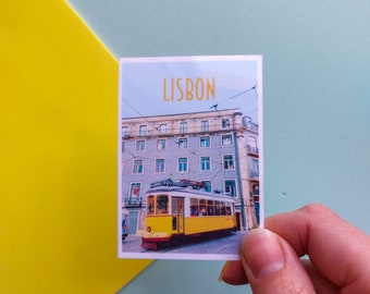 Lisbon Sticker -  Waterproof Portugal travel poster sticker - Retro vintage style - Lisbon Yellow Tram sticker, Vinyl travel sticker