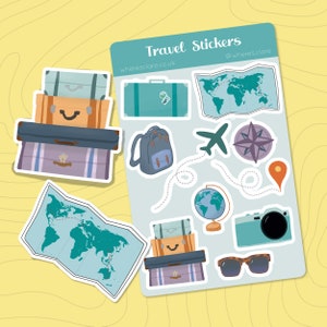 Reise Sticker Bogen. Reisetagebuch, Scrapbooking Aufkleber, Flugzeug, Koffer, Globus, Landkarte Aufkleber