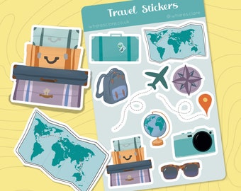 Travel Sticker Sheet. Travel journal, scrapbooking stickers, plane, suitcase, globe, map sticker