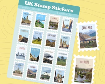 UK Stamp Sticker Sheet with stamps of the United Kingdom including, London, Scotland, Northern Ireland, Northumberland, Cotswolds and more