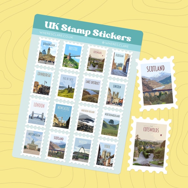 UK Stamp Sticker Sheet with stamps of the United Kingdom including, London, Scotland, Northern Ireland, Northumberland, Cotswolds and more
