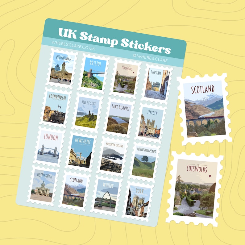May include: A sheet of colorful UK stamp stickers featuring landmarks from different cities and regions. The stickers are arranged in a grid with a white background and blue borders. The sheet includes stickers for Birmingham, Bristol, Cotswolds, Durham, Edinburgh, Isle of Skye, Lake District, Lincoln, London, Newcastle, Northern Ireland, Northumberland, Nottingham, Scotland, Whitby, and York.