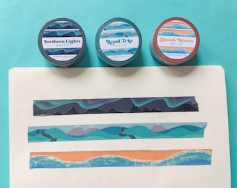 Travel Washi Tape Bundle, 3 x 10 metres, Landscape washitapes, masking tapes, mini tape rolls, beach, hills, northern lights