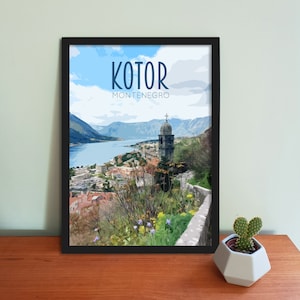 Poster de voyage à Kotor - Impression Monténégro de style rétro, carte postale de la baie de Kotor, impression d'art de voyage au Monténégro