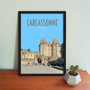 Carcassonne Reise Poster - Retro vintage style Frankreich Kunstdruck, Kunstwerk, Homeware, Carcassonne Postkarte, Occitanie, Reisekunstdruck