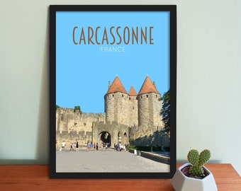 Carcassonne Travel Poster - Retro vintage style France art print, artwork, homeware, Carcassonne Postcard, Occitanie, travel art print