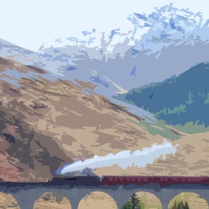 Scotland Travel Poster Retro travel poster style Scotland art print, postcard featuring Glenfinnan Viaduct, Fort William travel art print zdjęcie 2