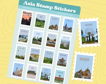 Asia Stamp Sticker Sheet with stamps of Bangkok, Hanoi, Singapore, Bali, Kuala Lumpur, Angkor Wat and more