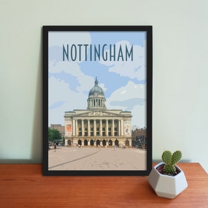 Pôster de viagem de Nottingham - Impressão artística vintage retrô do Reino Unido, arte, utensílios domésticos, cartão postal de Nottingham, apresentando a casa do conselho