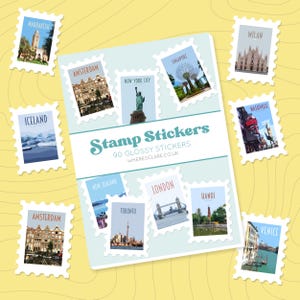 Briefmarken-Stickerbücher mit Briefmarken von Amsterdam, London, Paris, New York, Hanoi, Kopenhagen, Toronto, Lissabon, Venedig, Rio, Machu Picchu + mehr
