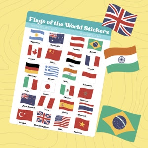 May include: A sheet of colourful stickers featuring flags of the world. The stickers are arranged in a grid with the names of each country printed below the flag. The sheet is white with a blue border and the text "Flags of the World Stickers" is printed at the top.