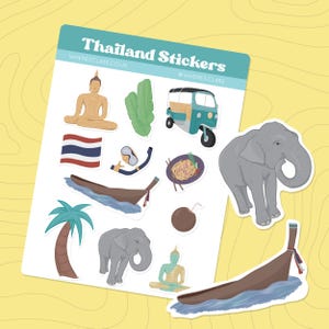 Thailand Sticker Sheet, Travel stickers for journals, scrapbooking stickers, Bangkok, elephant, beach, Thai boats, tuktuk.