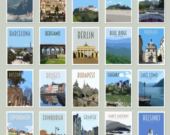 Pakket met ansichtkaarten voor reizen - Retro vintage stijl - pakket met ansichtkaarten voor steden. Athene, Newcastle, IJsland, Edinburgh, Brugge, Malta, Lake Louise + Meer