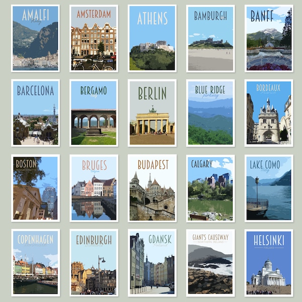 Travel Postcards Pack - Retro vintage style - cities postcard pack. Athens, Newcastle, Iceland, Edinburgh, Bruges, Malta, Lake Louise + More