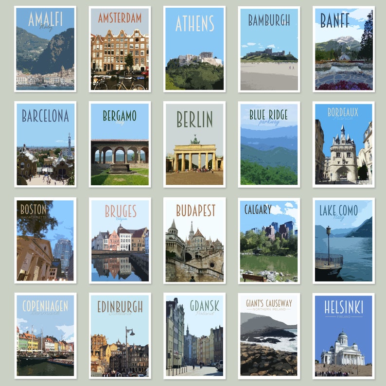 Travel Postcards Pack Retro vintage style cities postcard pack. Athens, Newcastle, Iceland, Edinburgh, Bruges, Malta, Lake Louise More zdjęcie 1