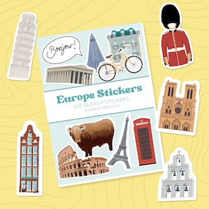 Europa Stickeralbum mit Paris, London, Island, Schottland, Portugal, Italien, Niederlanden und mehr.