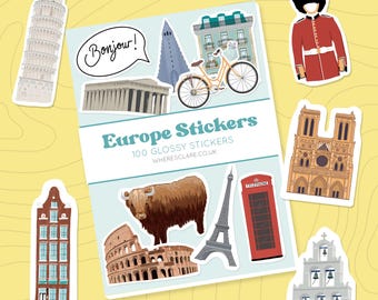 Europe Sticker Books with stickers of Paris, London, Iceland, Scotland, Portugal, Italy, Netherlands and more.