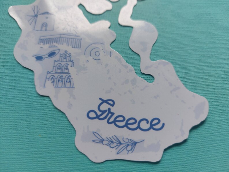 Greece Sticker Waterproof Greece map sticker country outline with icons from Greece including Vase, Temple, bells, olive branch more image 5