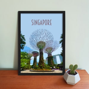 Singapore Travel Poster - Retro vintage style Singapore art print, artwork, homeware, Gardens by the Bay travel art print