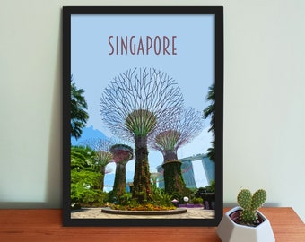 Singapore Travel Poster - Retro vintage style Singapore art print, artwork, homeware, Gardens by the Bay travel art print