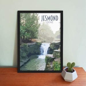 Pode incluir: Uma impressão emoldurada de uma ilustração em aquarela de uma cachoeira em uma floresta. A impressão é intitulada "Jesmond Dene".